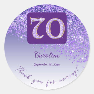 Falling Purple Glitter, 70th Birthday Thanks Classic Round Sticker