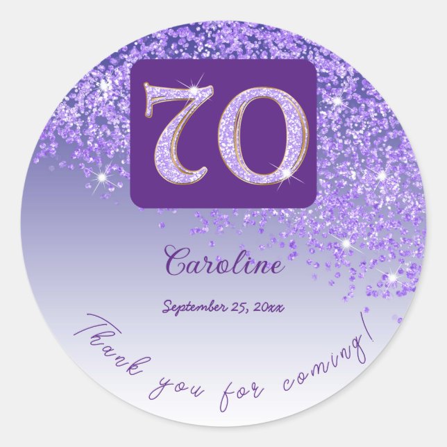 Falling Purple Glitter, 70th Birthday Thanks Classic Round Sticker (Front)