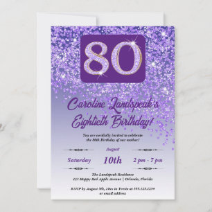 Falling Purple Glitter 80th Birthday Party Invitation