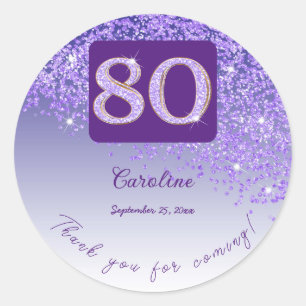 Falling Purple Glitter, 80th Birthday Thanks Classic Round Sticker
