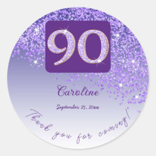 Falling Purple Glitter, 90th Birthday Thanks Classic Round Sticker