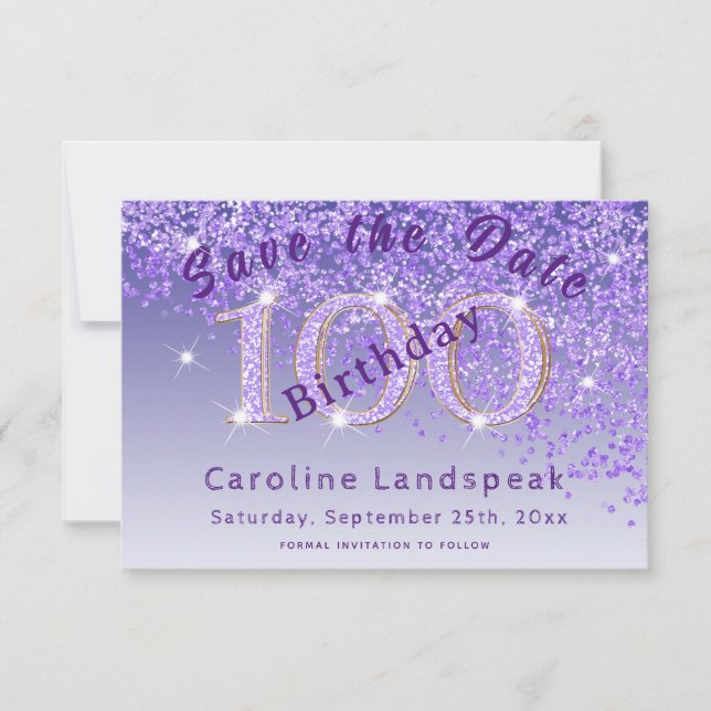 Falling Purple Glitter for 100th Birthday Save The Date (Front)