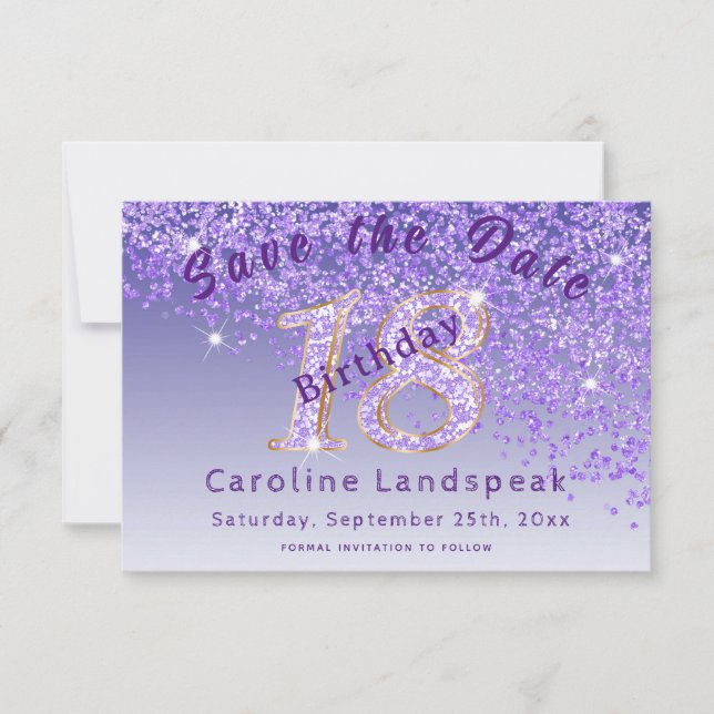 Falling Purple Glitter for 18th Birthday  Save The Date (Front)