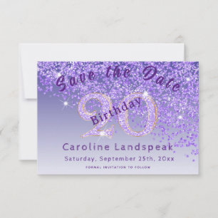 Falling Purple Glitter for 20th Birthday  Save The Date