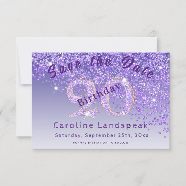 Falling Purple Glitter for 20th Birthday  Save The Date (Front)