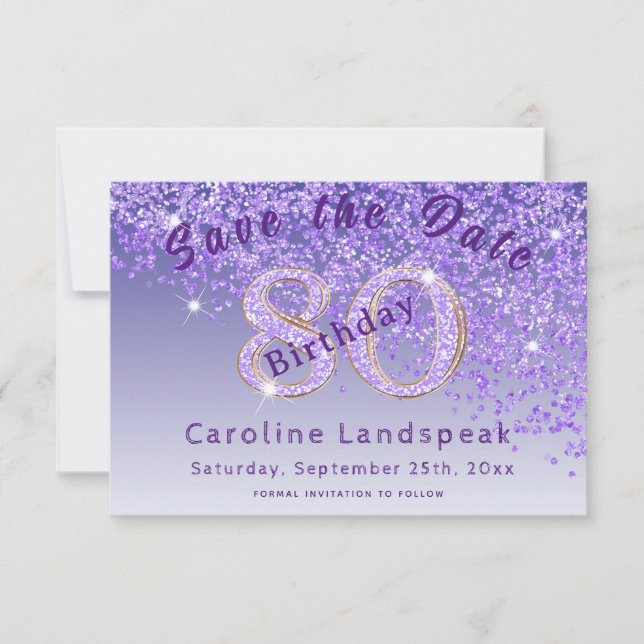 Falling Purple Glitter for 80th Birthday  Save The Date (Front)