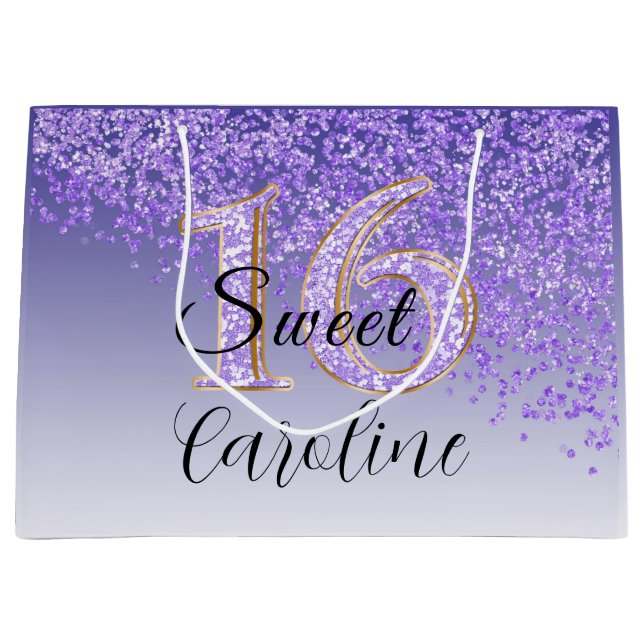 Falling Purple Glitter Sweet 16 Birthday Large Gift Bag (Front)