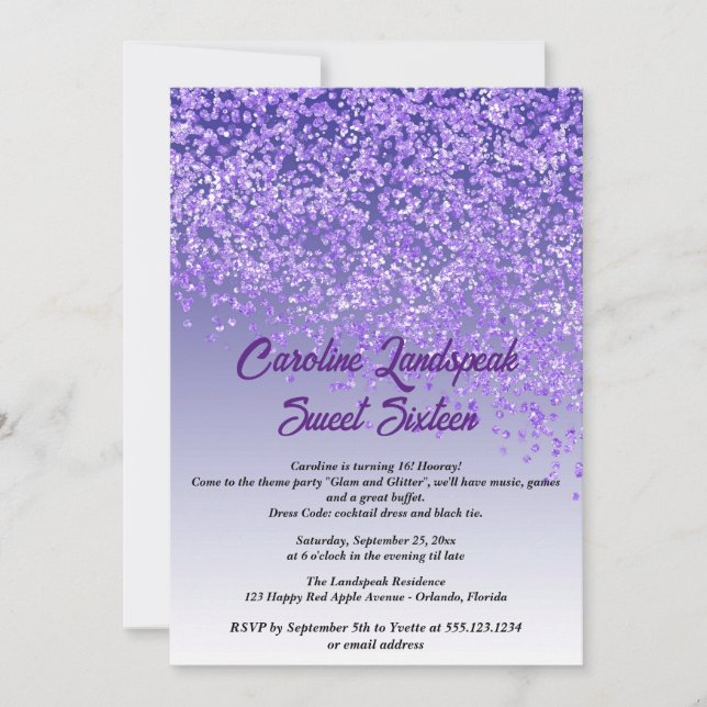 Falling Purple Glitter Sweet Sixteen Invitation (Front)