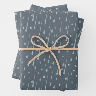 Falling Raindrops Cute Rainy Day Dark Gray Wrapping Paper Sheet