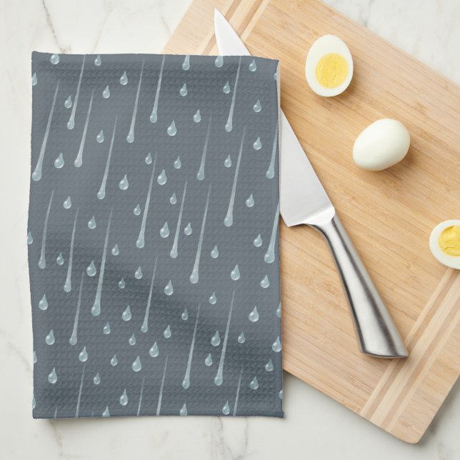 Falling Raindrops Cute Rainy Day Dark Grey Tea Towel (Quarter Fold)