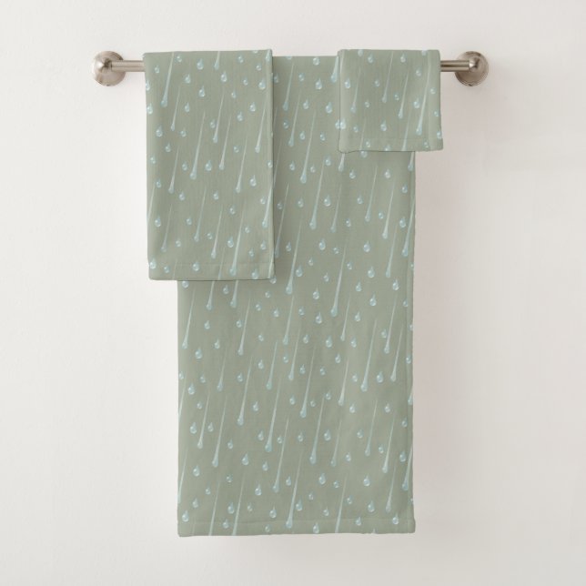 Falling Raindrops Cute Rainy Day Olive Green Bath Towel Set (Insitu)