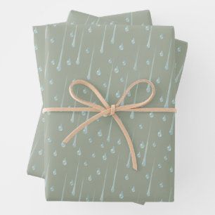 Falling Raindrops Cute Rainy Day Olive Green Wrapping Paper Sheet