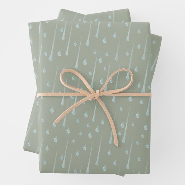 Falling Raindrops Cute Rainy Day Olive Green Wrapping Paper Sheet (In situ)
