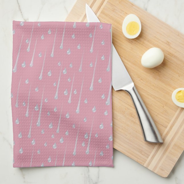 Falling Raindrops Cute Rainy Day Rose Pink Tea Towel (Quarter Fold)
