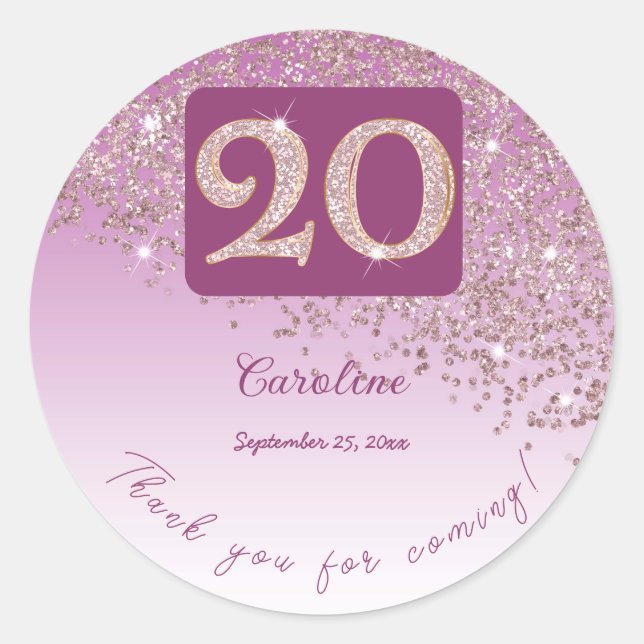 Falling Rose Gold Glitter, 20th Birthday Thanks Classic Round Sticker (Front)