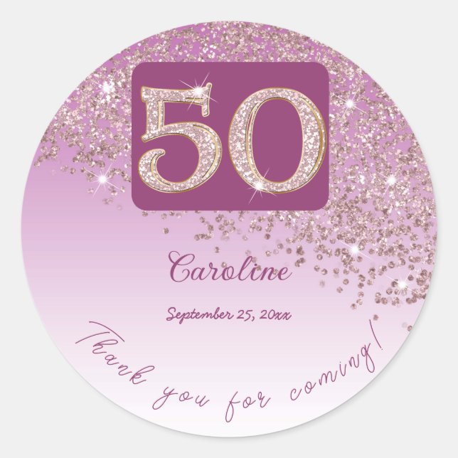 Falling Rose Gold Glitter, 50th Birthday Thanks Classic Round Sticker (Front)