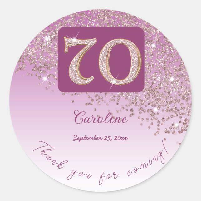Falling Rose Gold Glitter, 70th Birthday Thanks Classic Round Sticker (Front)