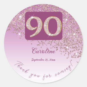 Falling Rose Gold Glitter, 90th Birthday Thanks Classic Round Sticker