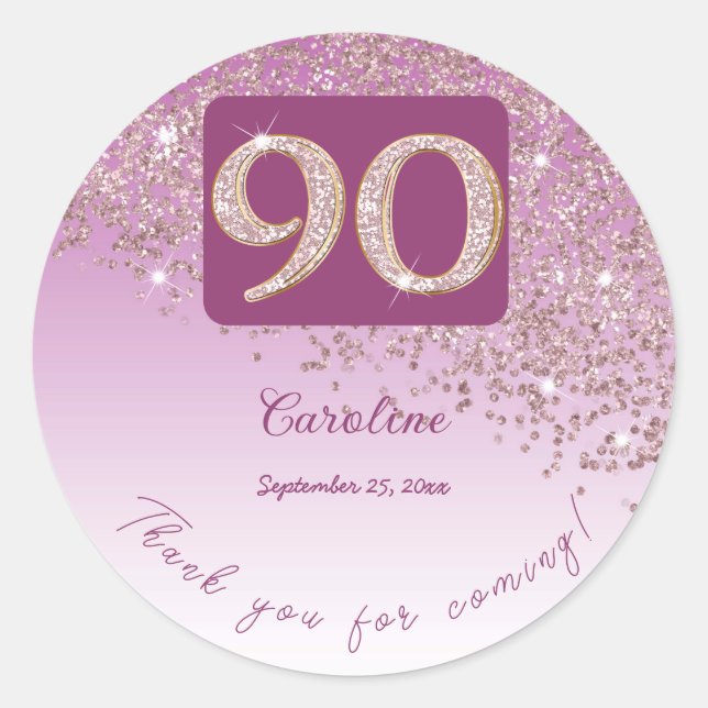 Falling Rose Gold Glitter, 90th Birthday Thanks Classic Round Sticker (Front)