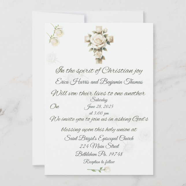 Falling Roses Cross Christian Wedding Invitation (Front)