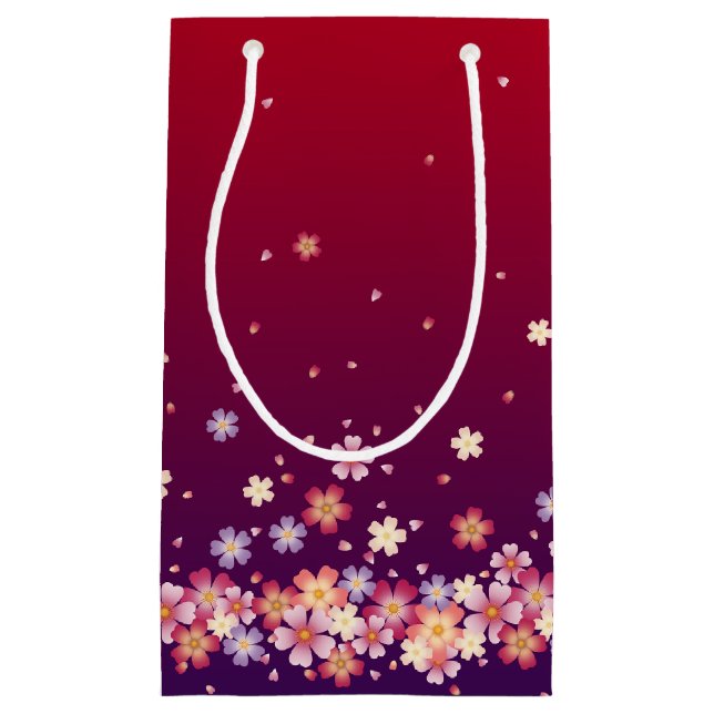 Falling Sakura Blossoms Dark Red & Plum Purple  Small Gift Bag (Front)