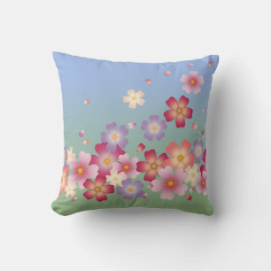 Falling Sakura Blossoms Kimono Style Blue & Green Cushion