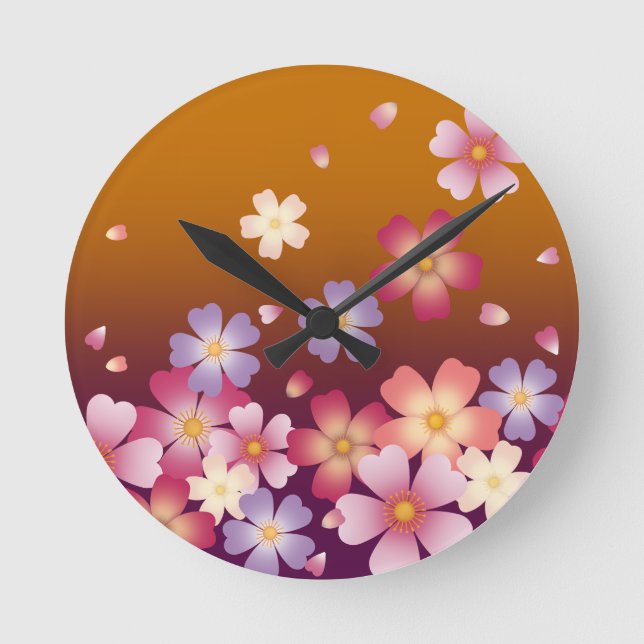 Falling Sakura Blossoms Kimono Style Gold Round Clock (Front)