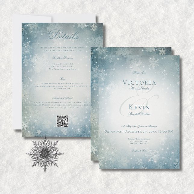 Falling Snow Blue & White Sparkle Two Sided Invitation (Falling Snow Blue & White Sparkle All In One Invitation)