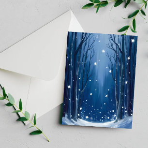 Falling Snow Blue Winter Forest Watercolor Card