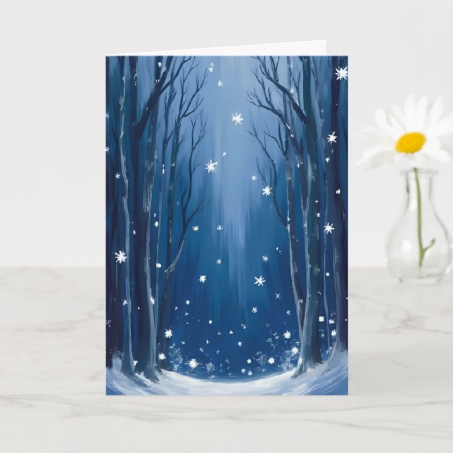 Falling Snow Blue Winter Forest Watercolor Painted Card (Small Plant)