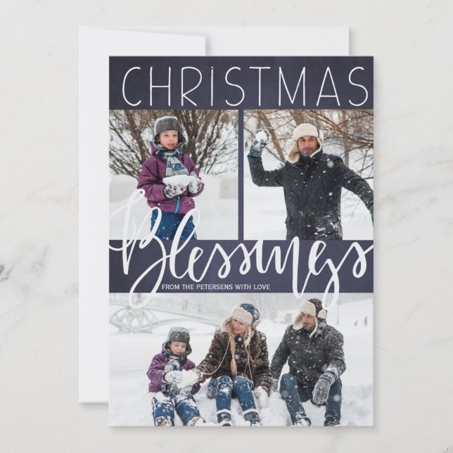 Falling snow Christmas blessings typography photo Holiday Card (Front)