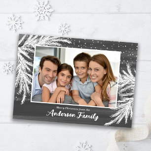 Falling Snow Evergreens Grey Photo Christmas Holiday Card