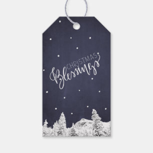 Falling Snow Navy White Christmas Blessings Script Gift Tags