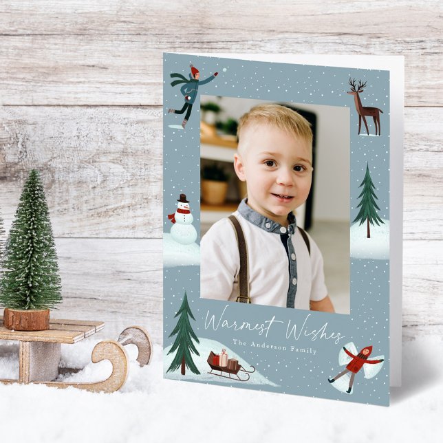 Falling Snow Whimsical 2 Photo Holiday Card (Creator Uploaded)