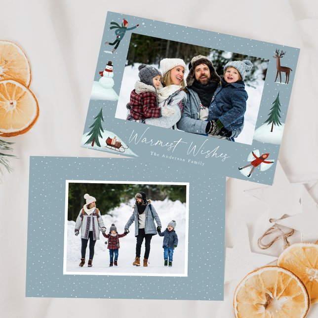 Falling Snow Whimsical Winter Scene 2 Photo Holiday Card (Creator Uploaded)