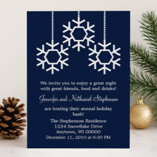 Falling Snowflakes Holiday Party, Dark Blue Invitation