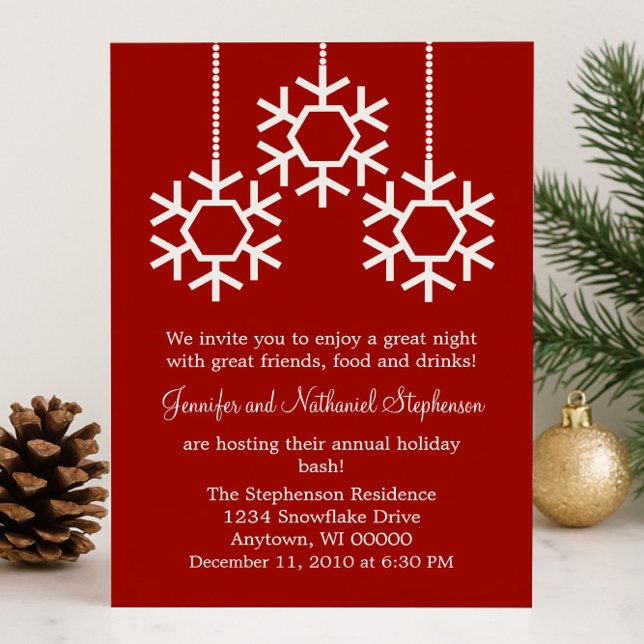 Falling Snowflakes Holiday Party, Red Invitation (Red Falling Snowflakes Holiday Party Invitation)