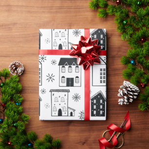 Falling Snowflakes Houses Holiday Wrapping Paper