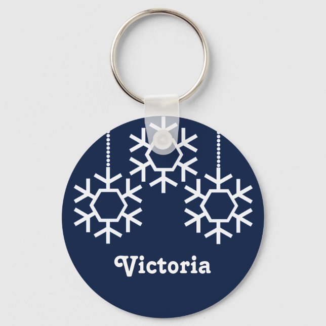 Falling Snowflakes Keychain, Dark Blue Key Ring (Front)