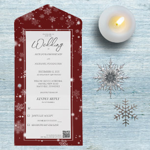 Falling Snowflakes on Deep Red with QR Code All In One Invitation
