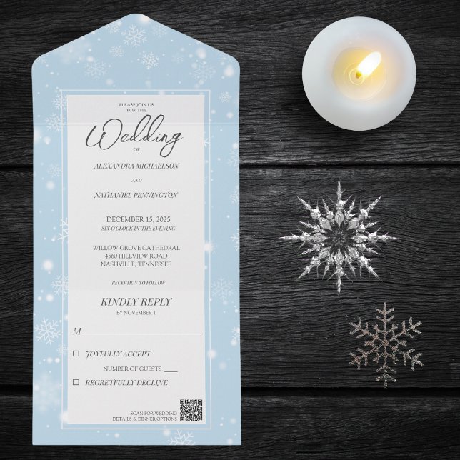 Falling Snowflakes on Pale Ice Blue with QR Code  All In One Invitation (Creator Uploaded)