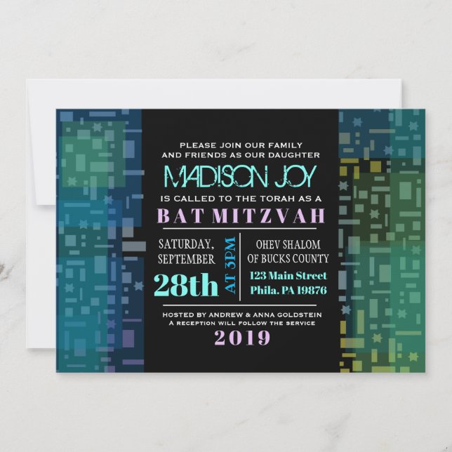 FALLING STARS & SQUARES Bar Bat Mitzvah Invitation (Front)