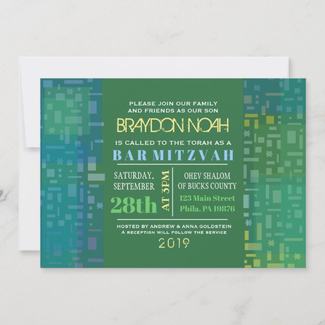 FALLING STARS & SQUARES Bar Bat Mitzvah Invitation (Front)