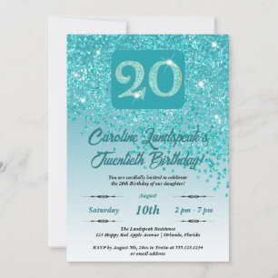 Falling Teal Blue Glitter 20th Birthday Party Invitation