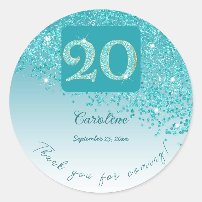 Falling Teal Blue Glitter, 20th Birthday Thanks Classic Round Sticker (Front)