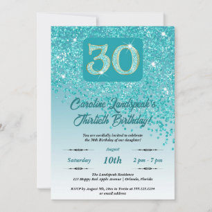 Falling Teal Blue Glitter 30th Birthday Party Invitation