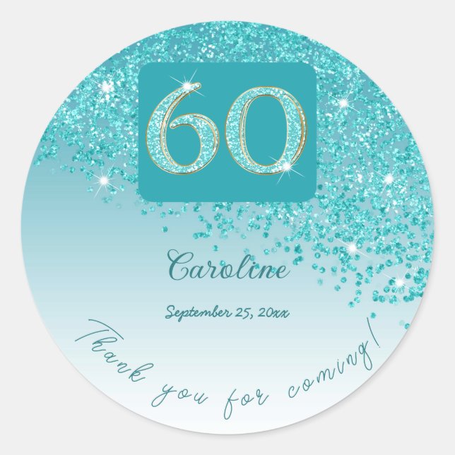 Falling Teal Blue Glitter, 60th Birthday Thanks Classic Round Sticker (Front)