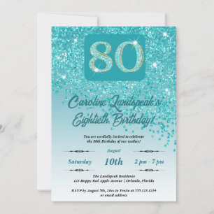 Falling Teal Blue Glitter 80th Birthday Party Invitation
