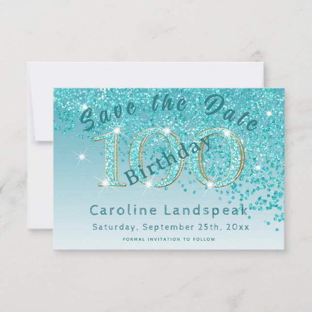 Falling Teal Blue Glitter for 100th Birthday Save The Date (Front)