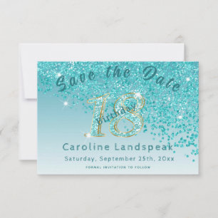 Falling Teal Blue Glitter for 18th Birthday Save The Date